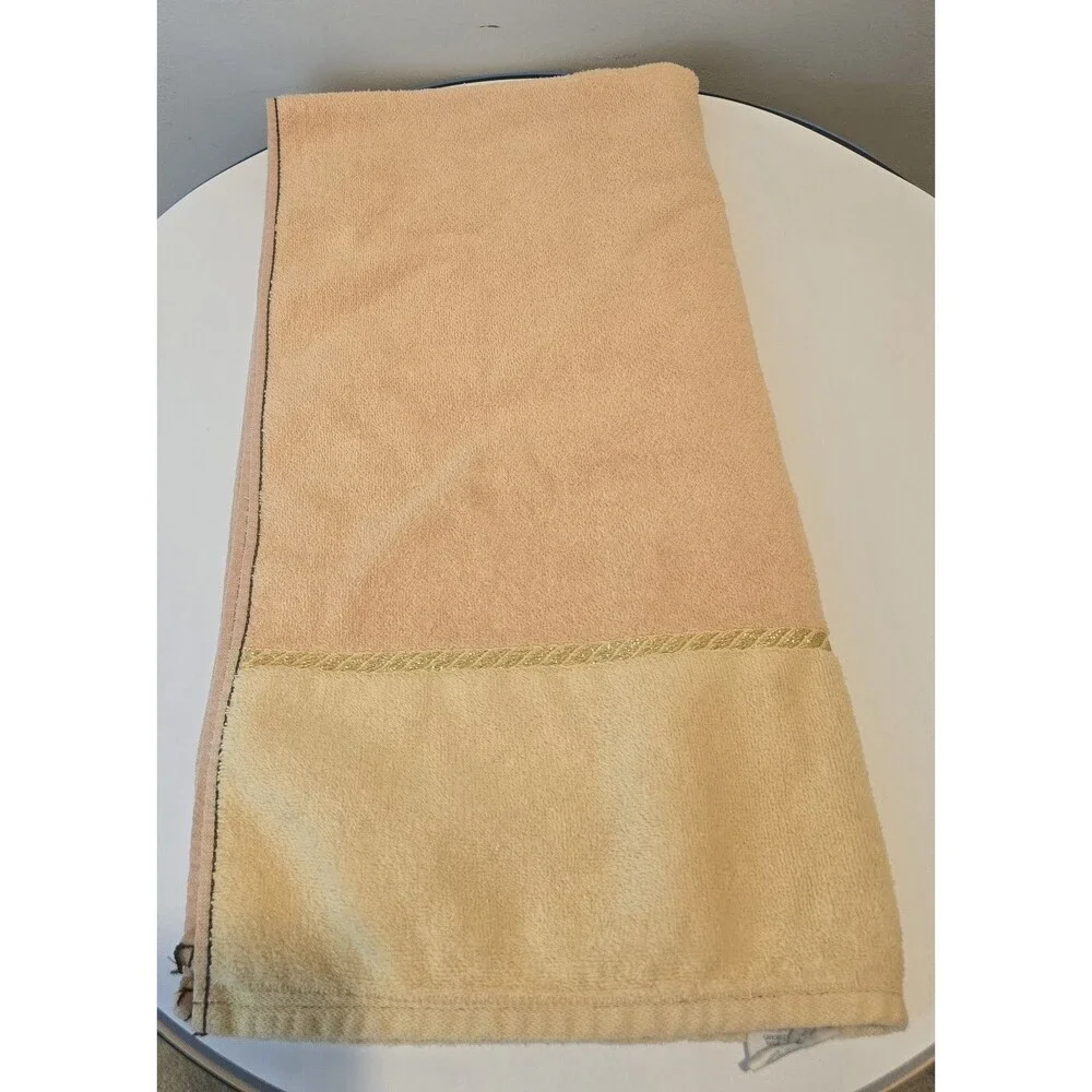 Vintage Santens Bath Towel Tan Gold Metallic Stripe 100% Cotton USA